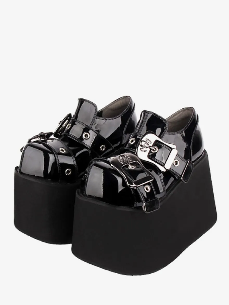 Chaussures Lolita gothiques Œillets noirs Escarpins Lolita à talons compensés en cuir PU