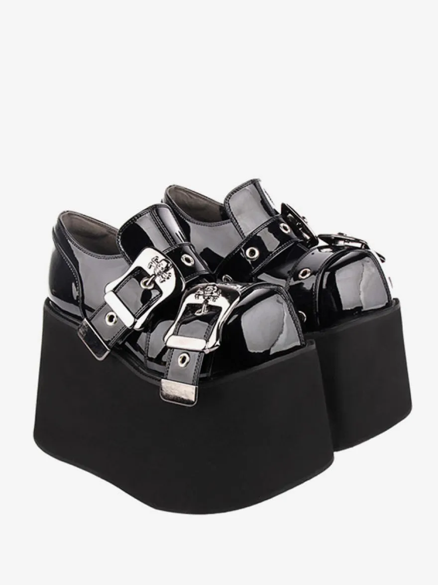 Chaussures Lolita gothiques Œillets noirs Escarpins Lolita à talons compensés en cuir PU