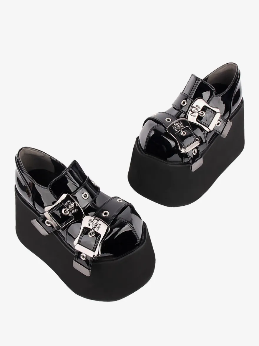 Chaussures Lolita gothiques Œillets noirs Escarpins Lolita à talons compensés en cuir PU