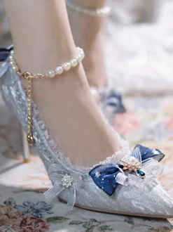 Chaussures Lolita Hime de mariage douces bloc de couleur argenté volants nœuds bout pointu escarpins Lolita