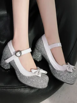Chaussures Lolita Mignonne Paillettes Bout rond Chaussures Lolita en cuir PU