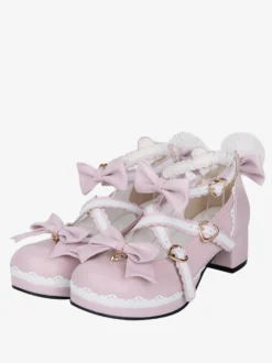 Chaussures Lolita roses à talons épais en cuir avec nœud papillon Mary Janes Kawaii Lolita