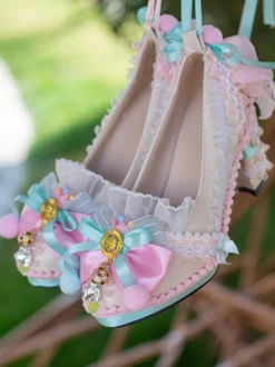 Chaussures Lolita style ROCOCO bleu ciel clair blocs de couleurs nœuds dentelle volants bout rond escarpins Lolita en cuir PU