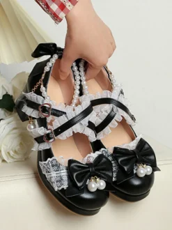 Chaussures Lolita style ROCOCO escarpins Lolita violets à chaînes perles nœuds bout rond en cuir PU