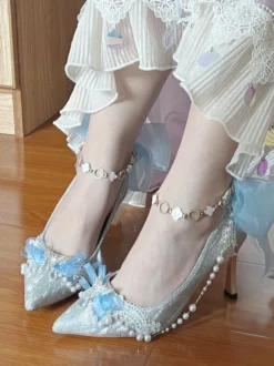 Chaussures Lolita Sweet chaînes bleues nœuds bout pointu talon aiguille