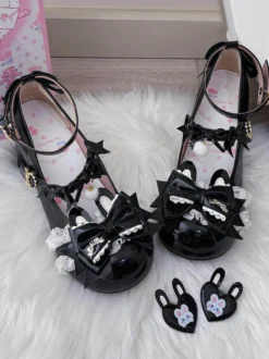 Chaussures Lolita Sweet à nœuds roses Rubbit Bunny en cuir PU à talons compensés