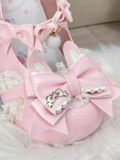 Chaussures Lolita Sweet à nœuds roses Rubbit Bunny en cuir PU à talons compensés