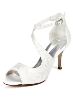 Chaussures mariée bout ouvert talon haut sangle cheville réglable en cuir synthétique