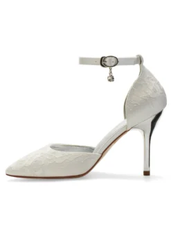 Chaussures mariée 2026 en dentelle à bout pointu à talon haut avec boucle chaussures de mariée