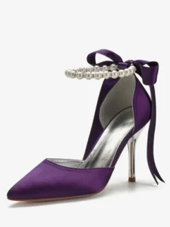 Chaussures mariée en satin bout pointu perles chaussures femme blanche à talon