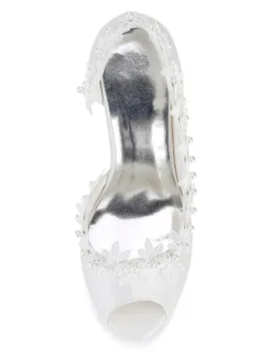 Chaussures mariée en satin à talon haut décoré des fleurs à bout ouvert Chaussures de mariée