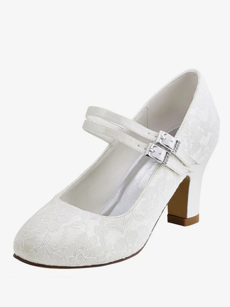 Chaussures mariée ivoire en PU décorées dentelles talon carré