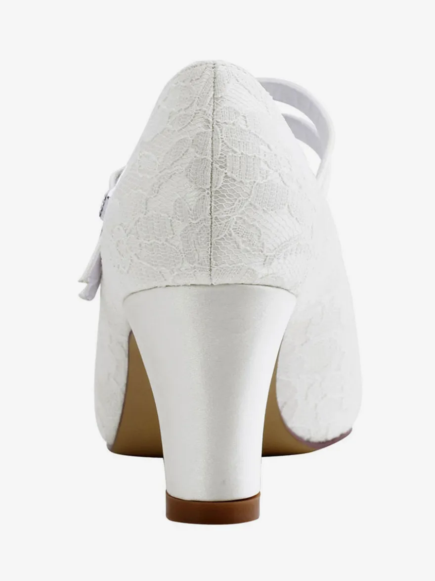 Chaussures mariée ivoire en PU décorées dentelles talon carré