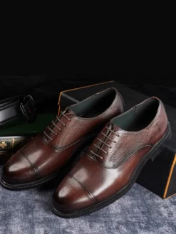 Chaussures Oxford à bout rond pour homme en cuir véritable à bout droit et formelles