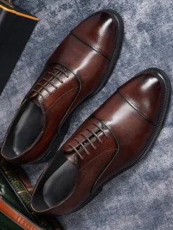 Chaussures Oxford à bout rond pour homme en cuir véritable à bout droit et formelles