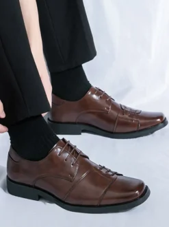 Chaussures Oxford marron pour hommes bout rond lacets décontractées