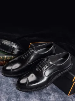 Chaussures Oxford pour hommes bout pointu style business décontracté en cuir véritable à lacets et bout droit