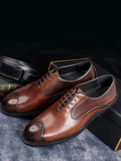 Chaussures Oxford pour hommes bout pointu style business décontracté en cuir véritable à lacets et bout droit