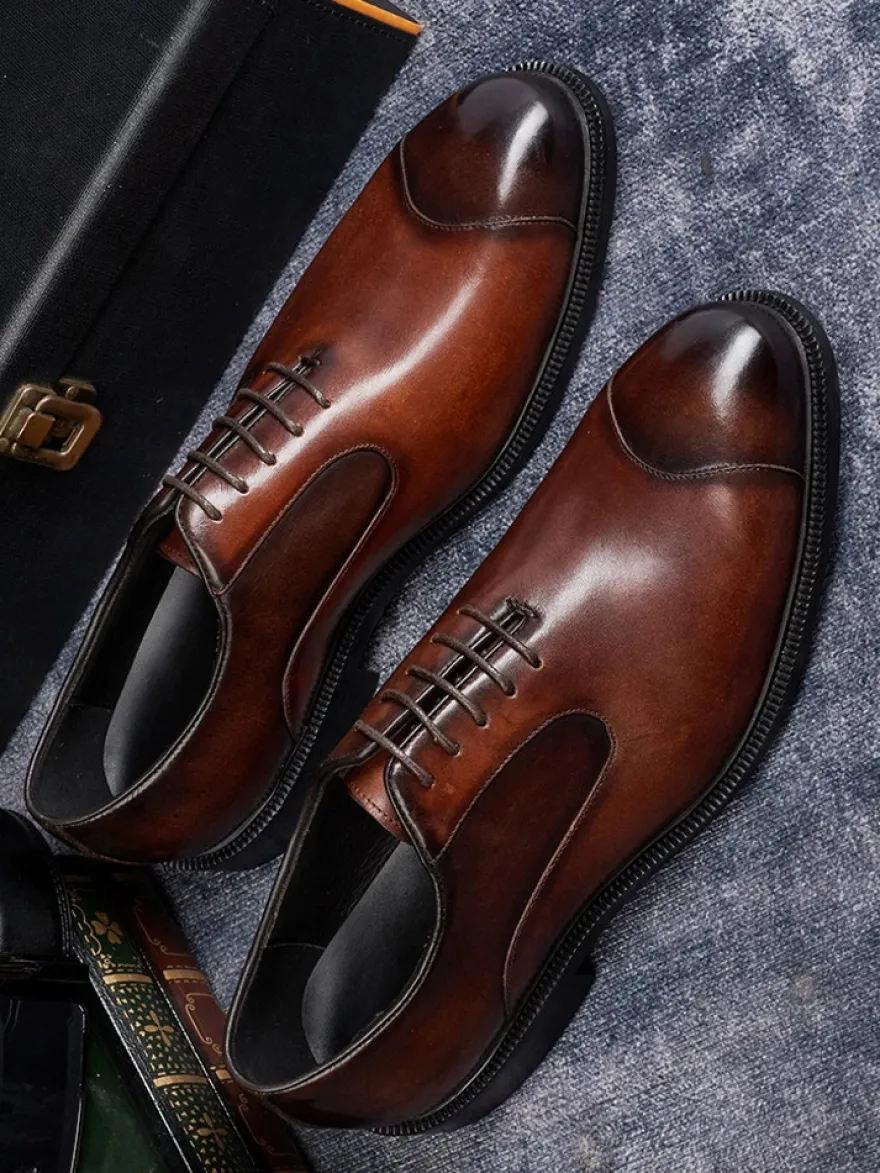 Chaussures Oxford pour hommes bout pointu style business décontracté en cuir véritable à lacets et bout droit