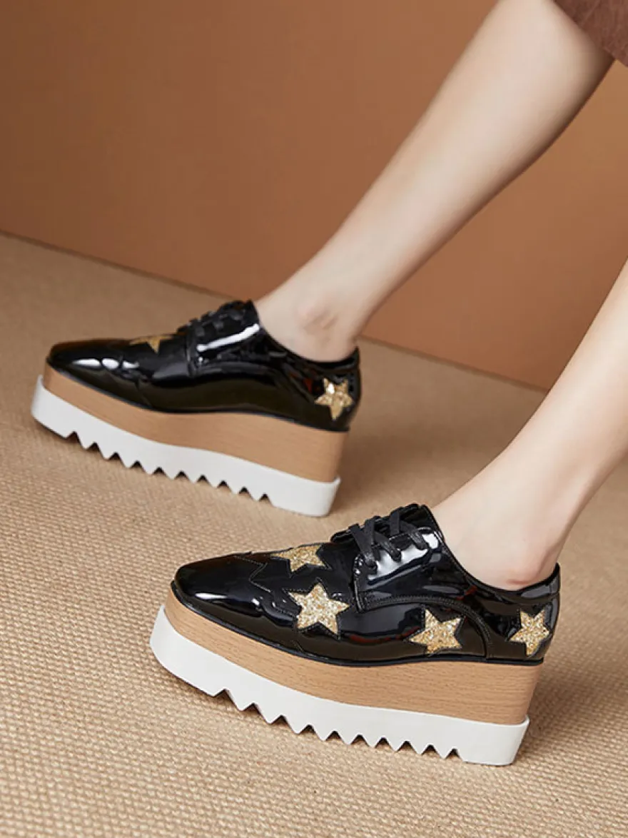 Chaussures Oxfords En Cuir Verni Chaussures Compensées À Lacet