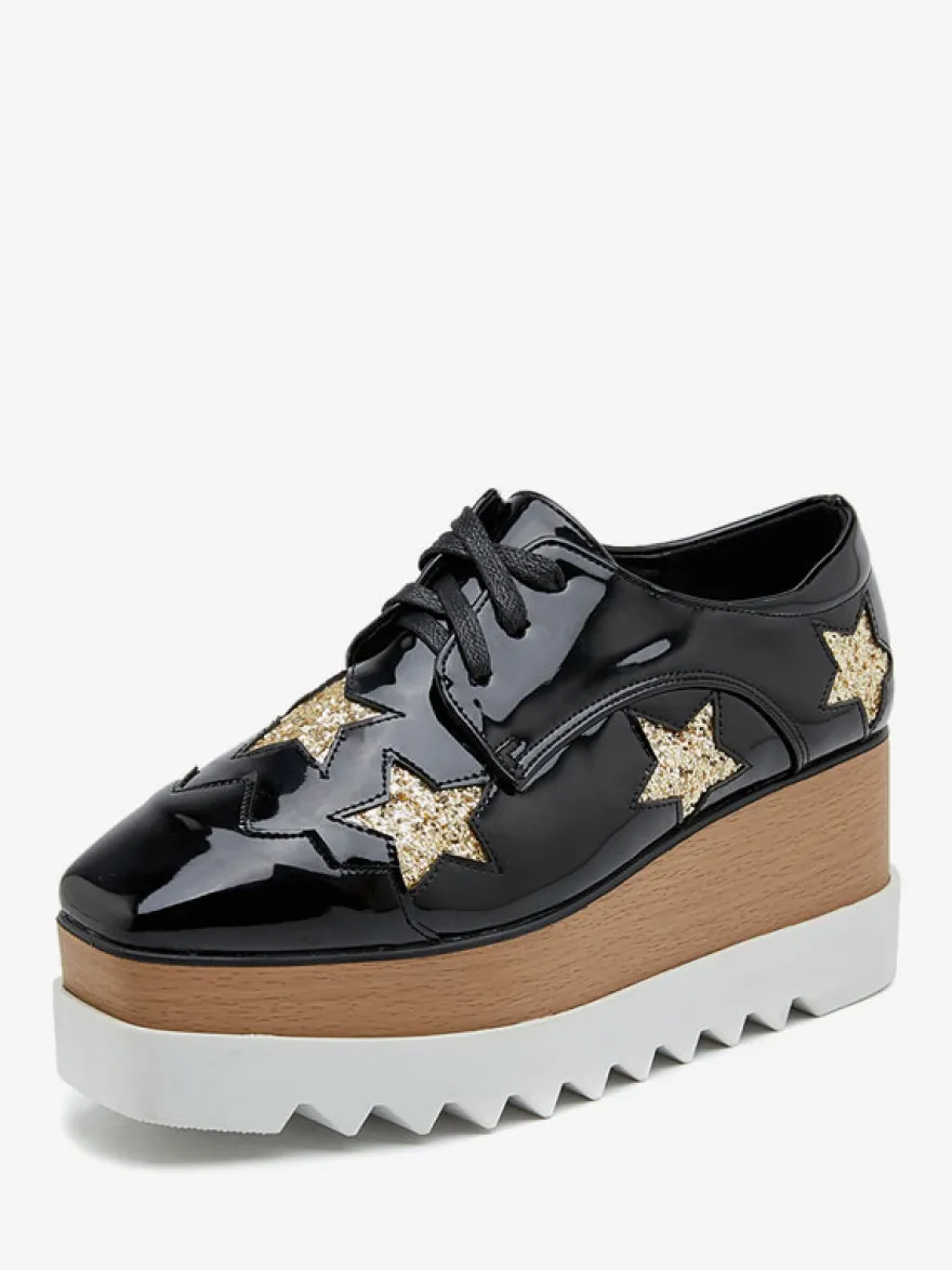 Chaussures Oxfords En Cuir Verni Chaussures Compensées À Lacet