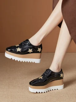 Chaussures Oxfords En Cuir Verni Chaussures Compensées À Lacet