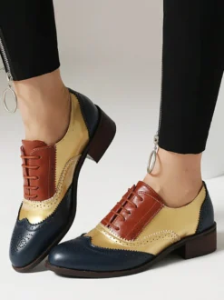 Chaussures Oxfords Pour Femmes Bout Rond Talon Bas À Lacets Décontracté