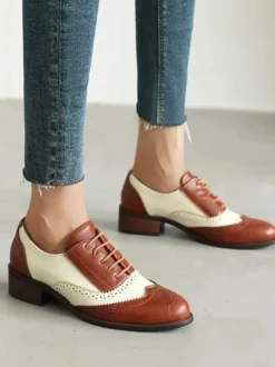 Chaussures Oxfords Pour Femmes Bout Rond Talon Bas À Lacets Décontracté