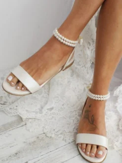Chaussures Plates De Mariée Sandales De Mariage En Cuir PU Bride Perle