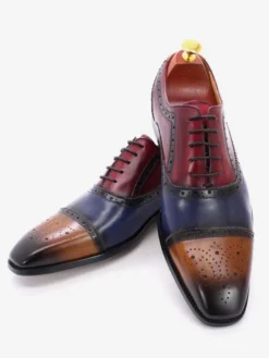 Chaussures richelieu à lacets pour homme en cuir véritable à blocs de couleurs