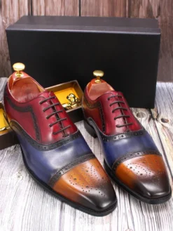 Chaussures richelieu à lacets pour homme en cuir véritable à blocs de couleurs