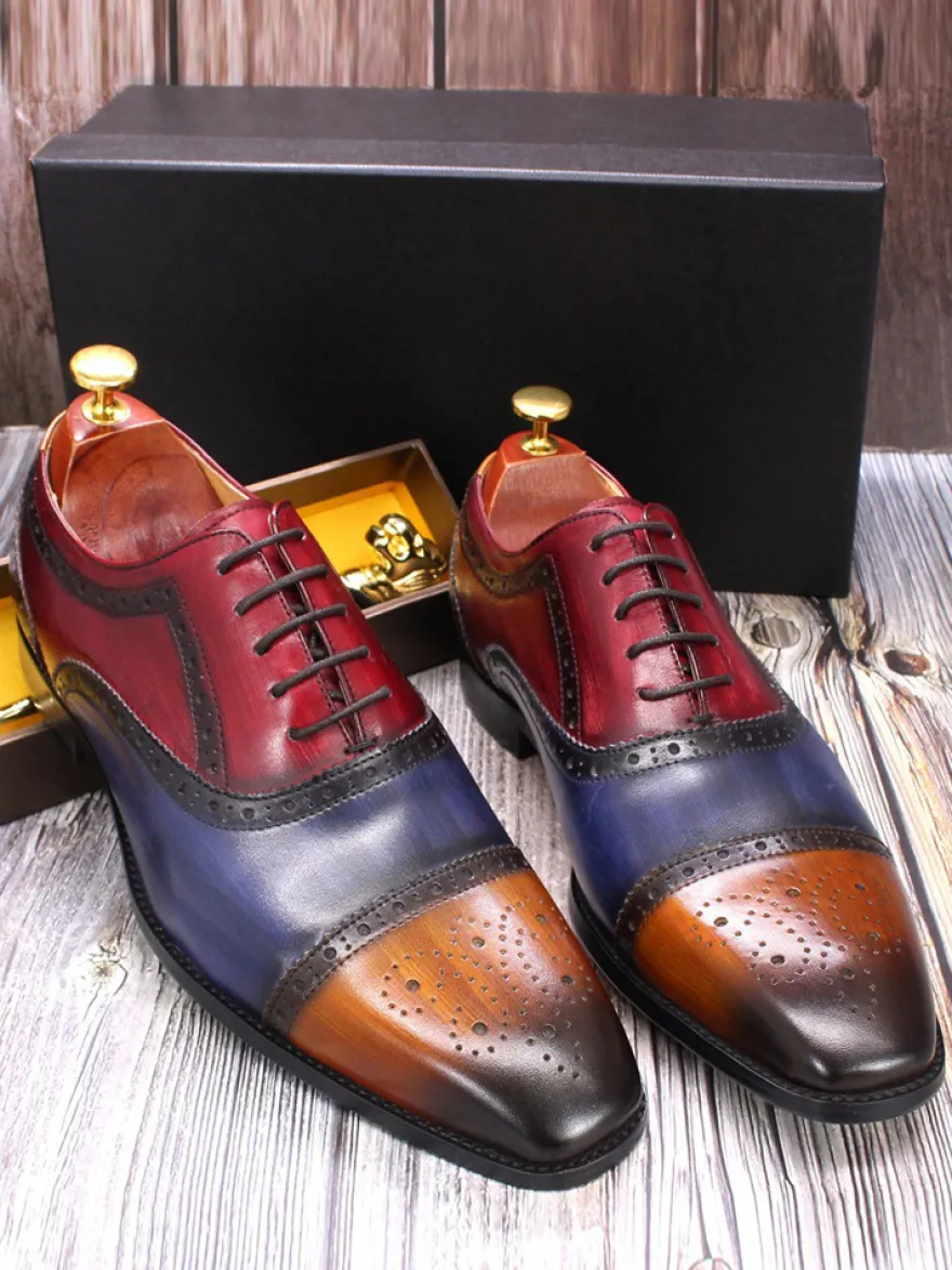 Chaussures richelieu à lacets pour homme en cuir véritable à blocs de couleurs