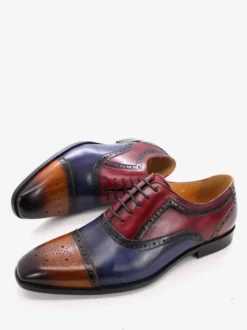 Chaussures richelieu à lacets pour homme en cuir véritable à blocs de couleurs
