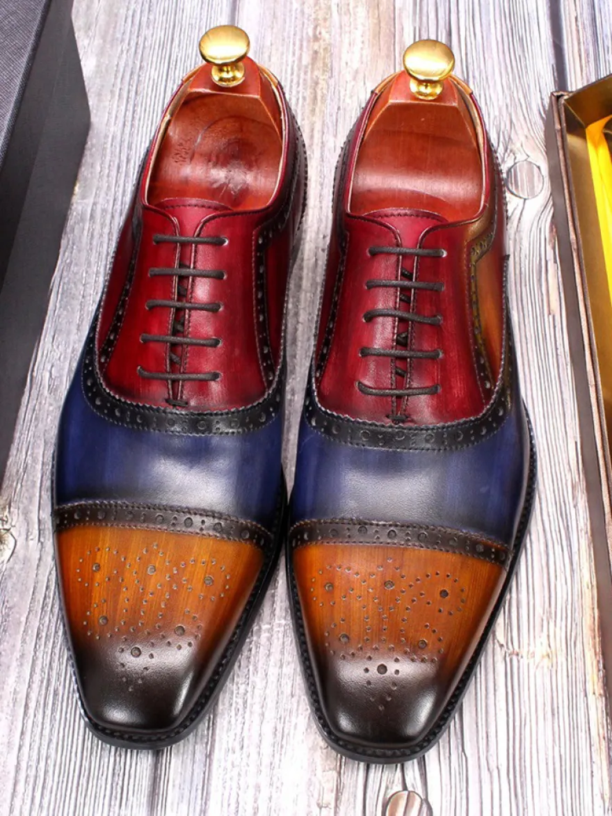 Chaussures richelieu à lacets pour homme en cuir véritable à blocs de couleurs