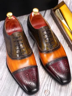 Chaussures richelieu à lacets pour homme en cuir véritable à blocs de couleurs