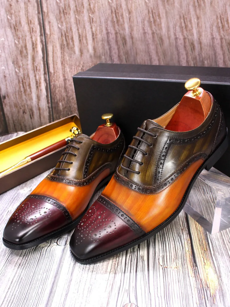 Chaussures richelieu à lacets pour homme en cuir véritable à blocs de couleurs