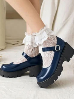 Chaussures Style Académique Lolita Escarpin En Cuir PU À Bout Rond Noir Simple