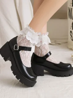 Chaussures Style Académique Lolita Escarpin En Cuir PU À Bout Rond Noir Simple