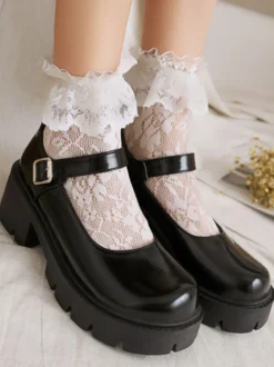 Chaussures Style Académique Lolita Escarpin En Cuir PU À Bout Rond Noir Simple