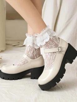 Chaussures Style Académique Lolita Escarpin En Cuir PU À Bout Rond Noir Simple