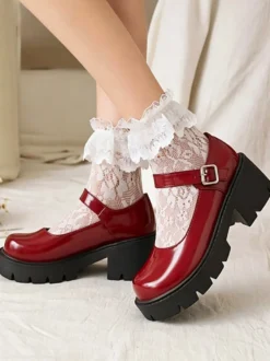 Chaussures Style Académique Lolita Escarpin En Cuir PU À Bout Rond Noir Simple