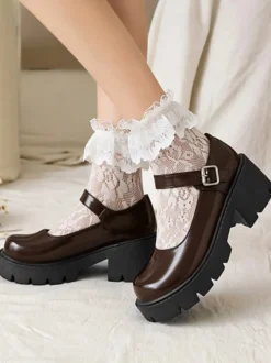 Chaussures Style Académique Lolita Escarpin En Cuir PU À Bout Rond Noir Simple
