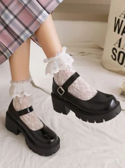Chaussures Style Académique Lolita Escarpin En Cuir PU À Bout Rond Noir Simple