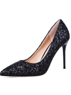 Chaussures à talons hauts escarpins à talon aigu en tissu de paillettes unicolore mocassin