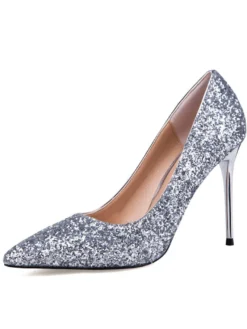 Chaussures à talons hauts escarpins à talon aigu en tissu de paillettes unicolore mocassin