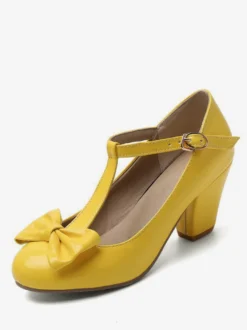 Chaussures Vintage blanches escarpins à talons épais avec nœud en T et bout rond