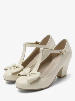 Chaussures Vintage blanches escarpins à talons épais avec nœud en T et bout rond