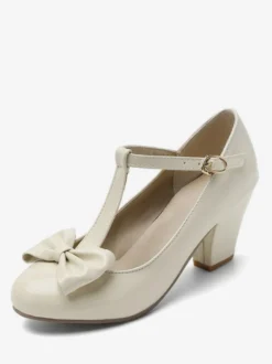 Chaussures Vintage blanches escarpins à talons épais avec nœud en T et bout rond