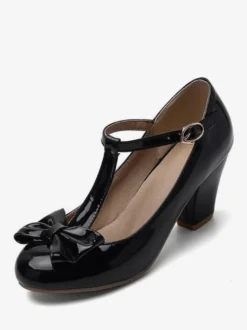 Chaussures Vintage blanches escarpins à talons épais avec nœud en T et bout rond