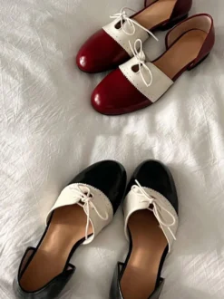 Chaussures vintage rouges pour femmes bout rond patchwork lacets style décontracté.